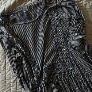 LOFT bell sleeve striped embroidered top